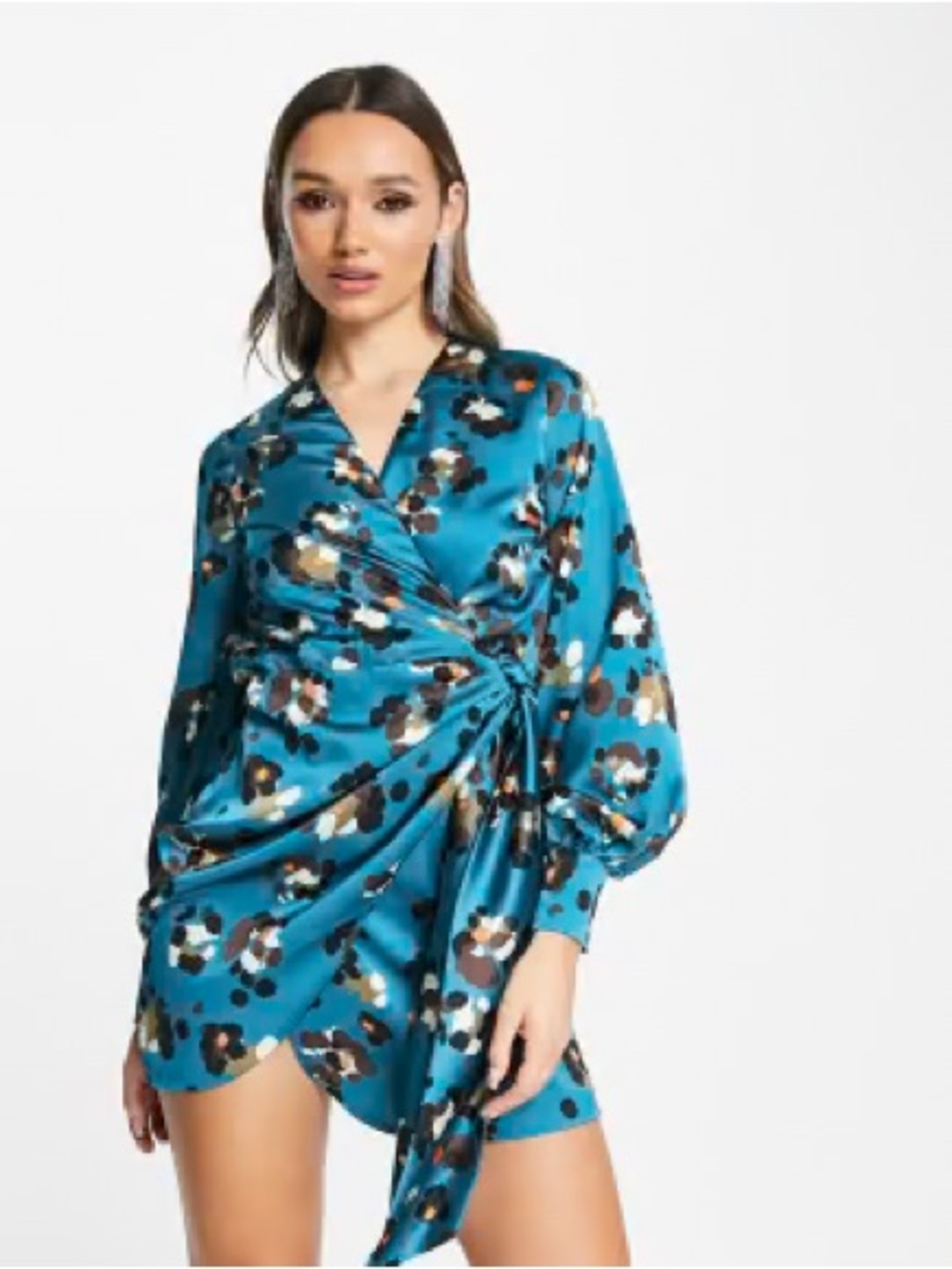 Never Fully Dressed Teal Floral Satin Wrap Dress